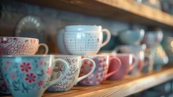 un' collezione di delicato porcellana tazze da tè e tazze ogni con suo proprio unico design si siede su un' mensola pronto per elevare il tuo tè e caffè potabile Esperienza foto
