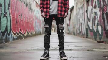 per un' Di Più ispirato al grunge pattinatore Guarda provare un' plaid flanella camicia al di sopra di un' grafico maglietta con strappato nero magro jeans e un' paio di vecchio scuola pattinare scarpe. il Perfetto vestito foto