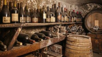 un' collezione di Vintage ▾ vini accuratamente selezionato e p su di legno scaffali nel un' ben ventilato vino cantina foto