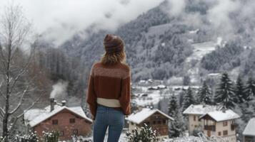 un' accogliente maglione fatto a partire dal riciclato cachemire accoppiato con sostenibile denim jeans per un' accogliente inverno giorno nel un' caratteristico villaggio annidato nel il montagne foto