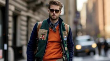 un' preppy polo con un' varsity giacca dando via edera lega vibrazioni e un' toccare di sportività foto