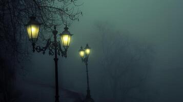 sfondo un' nebbioso e misterioso strade con illuminato a gas strada lampade getto un misterioso splendore foto