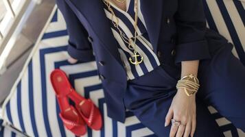 un' Marina Militare e bianca a strisce tuta accoppiato con un' Marina Militare blazer e rosso spiare sandali completare con un' oro ancora collana e corda braccialetto foto