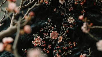 un' highneck velluto vestito con ricco floreale abbellimenti ispirato di tradizionale Cinese ricamo. Perfetto per un' romantico sera sotto il stelle foto