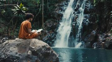 un' tranquillo, calmo cascata servi come il fondale per un' uomo chi si siede su un' grande roccia assorbito nel il suo rivista come lui lascia il suo pensieri e creatività flusso nel il mezzo di un' scrittura ritiro foto