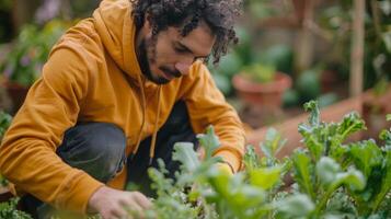 un' uomo accuratamente tendente per il suo verdura giardino indossare un color terra felpa con cappuccio fatto a partire dal biologico cotone foto