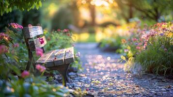 un' nascosto lontano angolo di un' parco ornato con fiori un' piccolo pietra sentiero e un' panchina per silenzioso contemplazione e consapevolezza foto