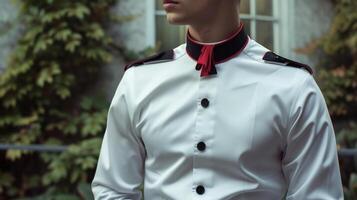 un' croccante bianca camicia con nero tubatura e un' rosso collo sciarpa evocando immagini di un' classico militare vestito uniforme. Perfetto per un' formale cena a il pasticcio sala foto
