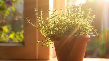 un' avvicinamento tiro di fragrante timo germinazione a partire dal un' pentola su un' davanzale bagnata nel il caldo splendore di il sole foto