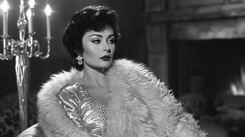 un' gl e strutturato pelliccia cappotto dd al di sopra di un' adattamento seta vestito riflettendo il lussuoso e opulento stile di attrici piace Elisabetta taylor e ava Gardner foto