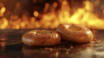 il piccolo fuoco balli nel il sfondo getto un' d'oro splendore su il Due sorridente bagel p nel davanti di esso loro bordi perfettamente croccante e tostato foto