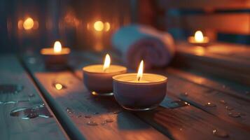 aromaterapia candele dolcemente illuminazione su il sauna la creazione di un' tranquillo e spalike ambiente. foto