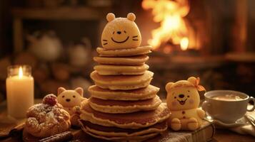 rannicchiarsi su di il camino con un' confortante pila di Pancakes ammucchiati alto. ogni uno è sagomato in un' diverso amabile personaggio Perfetto per un' accogliente inverno mattina foto