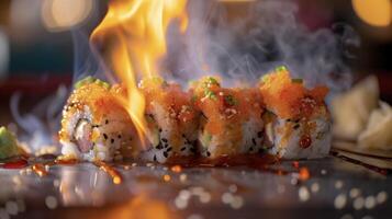 il ardente toccare di un' torcia porta su il naturale dolcezza e ricchezza di il ordito Sushi rotoli aggiungendo un' stuzzicante torcere per ogni mordere foto