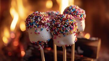 rannicchiato su di il fuoco noi indulgere nel queste adorabile marshmallow si apre fatto a mano con amore e sormontato con e e colorato decorazioni. un' delizioso trattare per godere su un' freddo foto