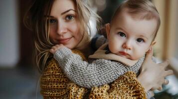 un' madre detiene sua bambino su sua giro come lei parla di Come infrarosso sauna sessioni avere aiutato sua far fronte con dopo il parto depressione e riguadagnare sua forza e fiducia. foto