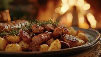 il finale fuoco di bivacco cena arrostito salsiccia e d'oro patate stratificato con saporito erbe aromatiche e es. il accogliente ambiance di il camino fa Questo un' pasto per ricorda foto