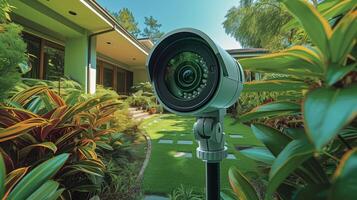 macro Visualizza di un' sicurezza telecamera essere posizionato per copertina il intero perimetro di il Casa con suo largo angolo lente foto