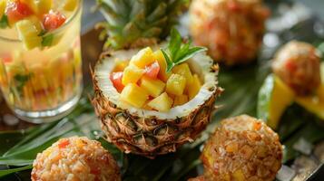 un' tema tropicale diffusione con un' Noce di cocco e ananas mocktail servito nel un' svuotato ananas a fianco Noce di cocco curry lenticchia palle e Mango salsa Bruschetta foto