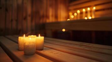 il morbido splendore di candele nel un' sauna la creazione di un' calmante ambiance per quelli In cerca di un' meglio qualità dormire. foto