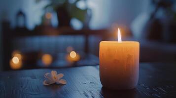 un' a lume di candela camera con un' tremolante fiamma servendo come il focale punto mentre qualcuno pratiche in profondità respirazione e guidato immagini meditazione per trova interno pace foto