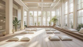 un' luminosa e arioso meditazione camera con pavimento cuscini naturale leggero e calmante lavanda profumi per promuovere interno pace e consapevolezza foto
