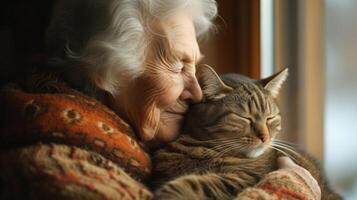 un' armonioso la pensione duo come un' soddisfare gattino riposa comodamente su il giro di un adorante anziano donna foto