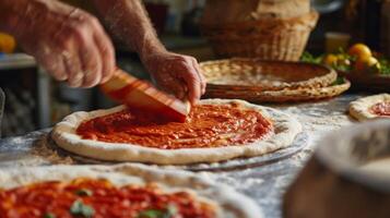 un altro uomo accuratamente diffusione un' ricco pomodoro salsa su il Impasto aggiungendo appena il giusto quantità per un' saporito base foto