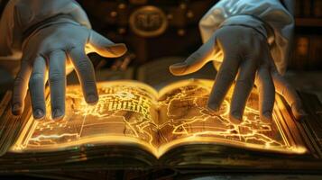 un' paio di guanti bianchi mani delicatamente capovolgimento attraverso pagine di un' rilegatura dorata comico libro foto