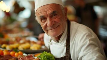 con un' Le nel il suo occhio un' pensionato uomo servi il suo ospiti un' multicorso pasto lui ha preparato lui stesso in mostra il suo passione per la creazione di squisito piatti foto