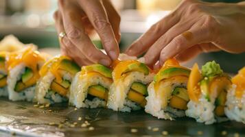 un' donna accuratamente organizzazione magro fette di Mango e avocado su un' Sushi rotolo aggiungendo un' unico e buongustaio torcere per il tradizionale ricetta foto