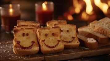di dimensioni ridotte crostini punti con smiley facce acidato in il Crosta servito con un' varietà di si diffonde e salse con un' accogliente fuoco scoppiettante nel il sfondo foto