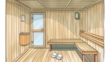 un illustrazione di il corretto modo per ventilare il sauna camera dopo uso di apertura porte e finestre e utilizzando un' asciugamano per pulire via qualunque eccesso umidità. foto
