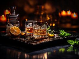 ai generato bicchiere di whisky con ghiaccio su un' buio sfondo generativo ai foto