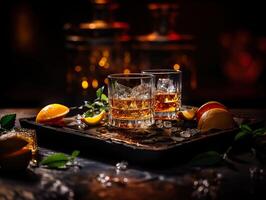ai generato bicchiere di whisky con ghiaccio su un' buio sfondo generativo ai foto
