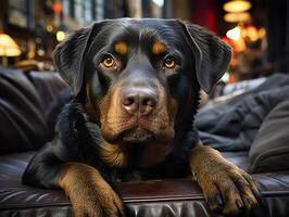 ai generato rottweiler cane bugie e sembra a il telecamera generativo ai foto