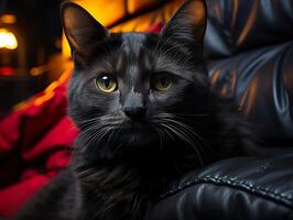 ai generato il gatto bugie su il divano nel un' buio camera su un' sfocato sfondo generativo ai foto