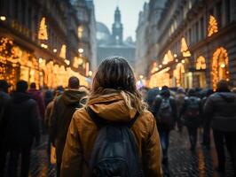 ai generato un' ragazza con un' zaino passeggiate lungo il strada di un' affollato città Visualizza a partire dal il indietro foto