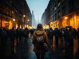 ai generato un' ragazza con un' zaino passeggiate lungo il strada di un' affollato città Visualizza a partire dal il indietro foto