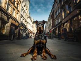 ai generato doberman sta su il strada e sembra a il telecamera, generativo ai foto