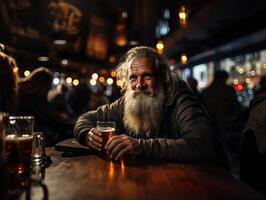 ai generato barbuto anziano uomo potabile birra nel un' bar generativo ai foto