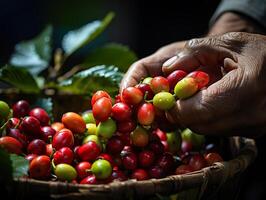 ai generato mano raccolta caffè avvicinamento generativo ai foto