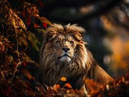 ai generato Leone nel il foresta su un' sfocato sfondo generativo ai foto