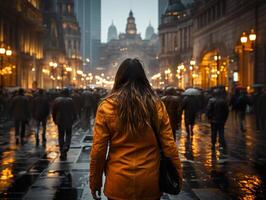 ai generato persone su il strade di il sera città riflessione generativo ai foto