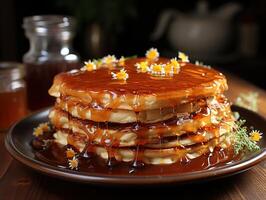 ai generato Pancakes frittelle versato con miele nel un' piatto su un' sfocato sfondo generativo ai foto