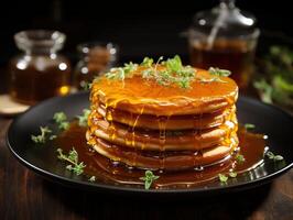 ai generato Pancakes frittelle versato con miele nel un' piatto su un' sfocato sfondo generativo ai foto