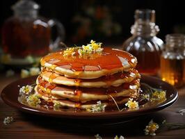 ai generato Pancakes frittelle versato con miele nel un' piatto su un' sfocato sfondo generativo ai foto