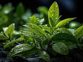 ai generato verde tè le foglie nel rugiada generativo ai foto