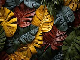 ai generato bellissimo rosso verde giallo giungla di lussureggiante palma le foglie generativo ai foto
