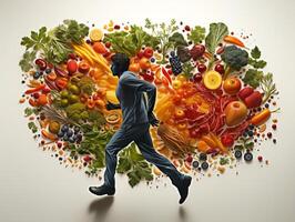 ai generato silhouette di un' uomo in esecuzione su il sfondo di verdure e frutta salutare mangiare generativo ai foto